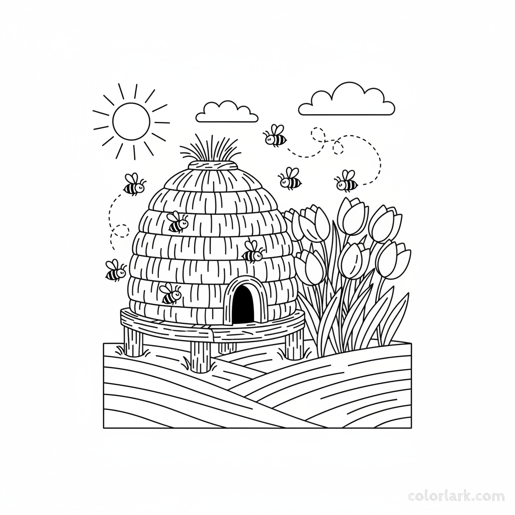 Line art illustration of a rustic beehive near a patch of blooming tulips with bees flying