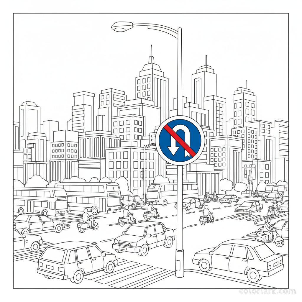 Black and white line art of an Indian u-turn prohibited sign at a busy urban intersection with various vehicles.