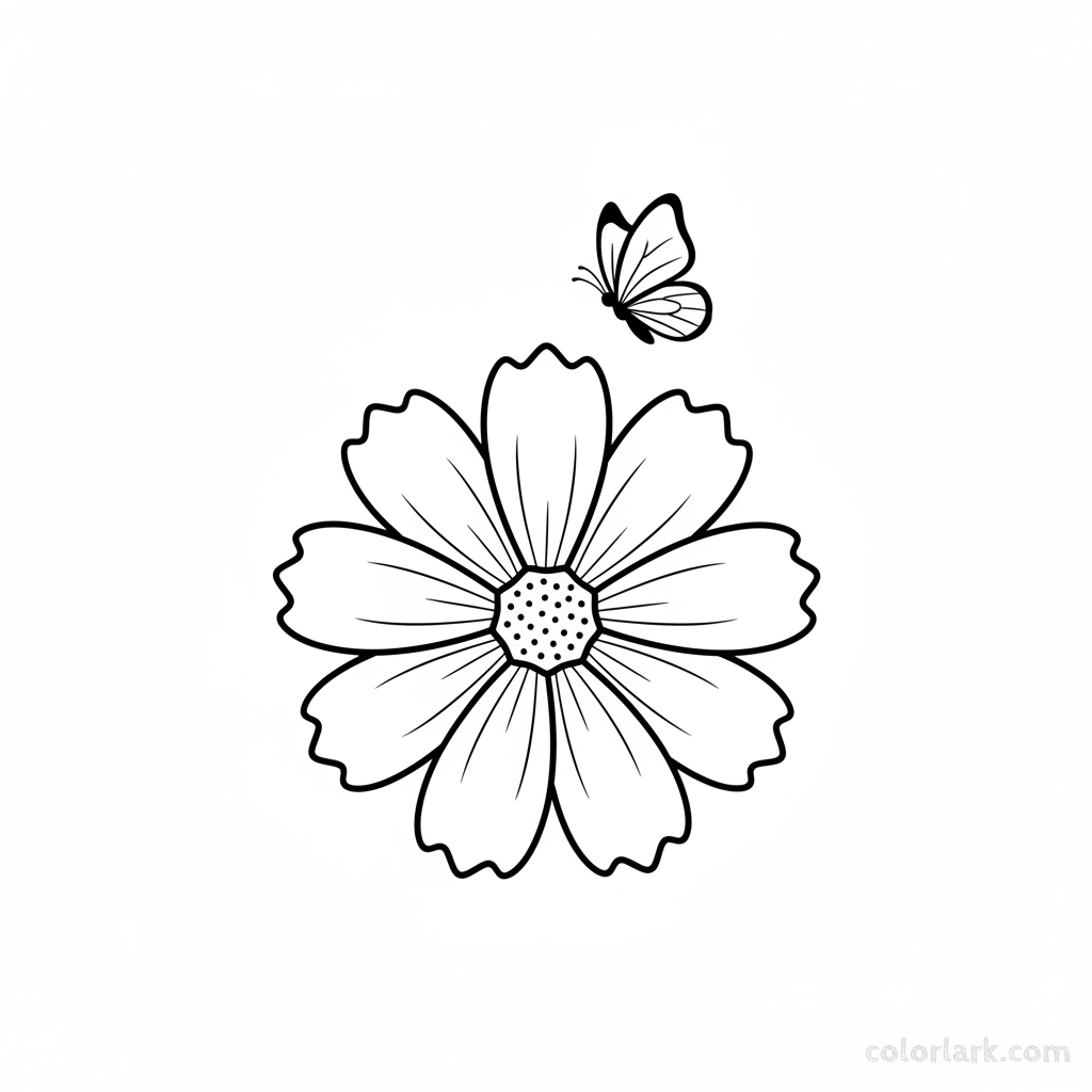 Black and white line art of a simple cosmos flower with a small butterfly hovering just above it.