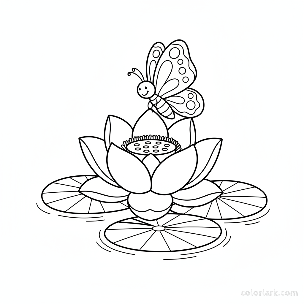 Black and white line art for kids, showing a butterfly landing on a blooming lotus flower.