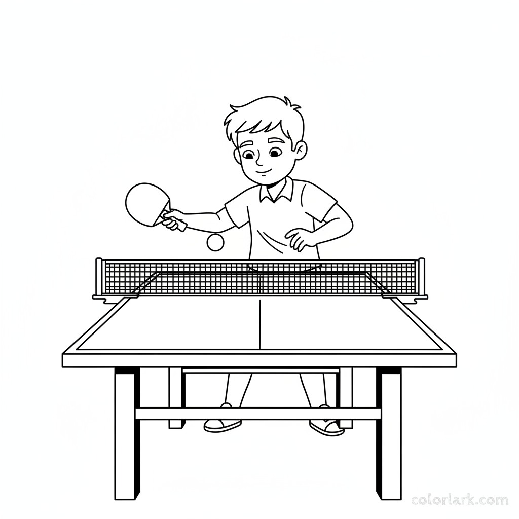 Line art of a calm boy demonstrating precise backhand control in table tennis.