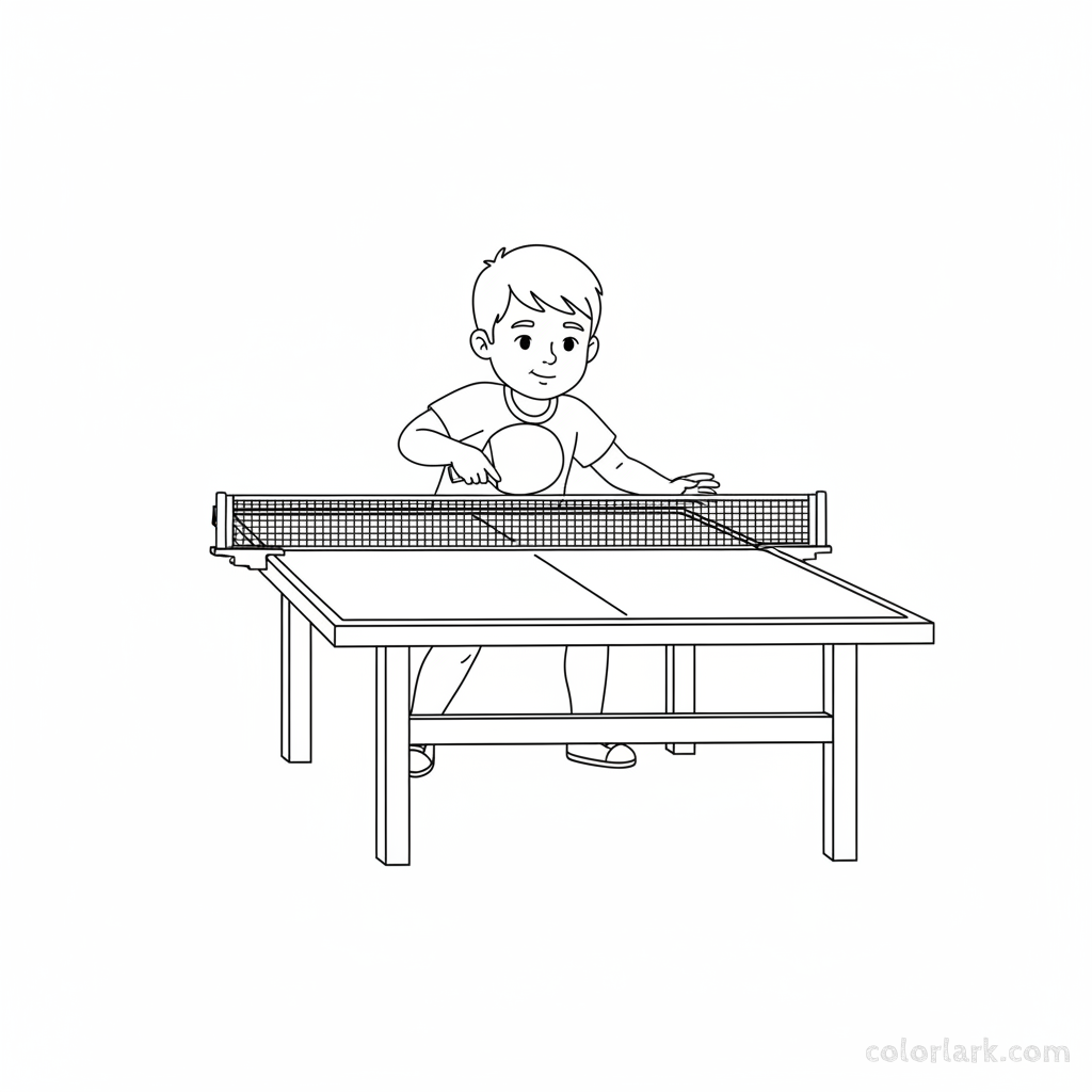 Line art of a calm kid performing a backhand defense with the paddle down in table tennis.