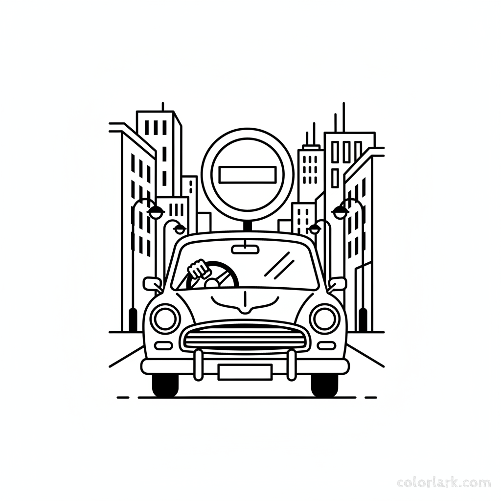 Black and white line art of a car driver making a turn to avoid an Indian no entry sign.