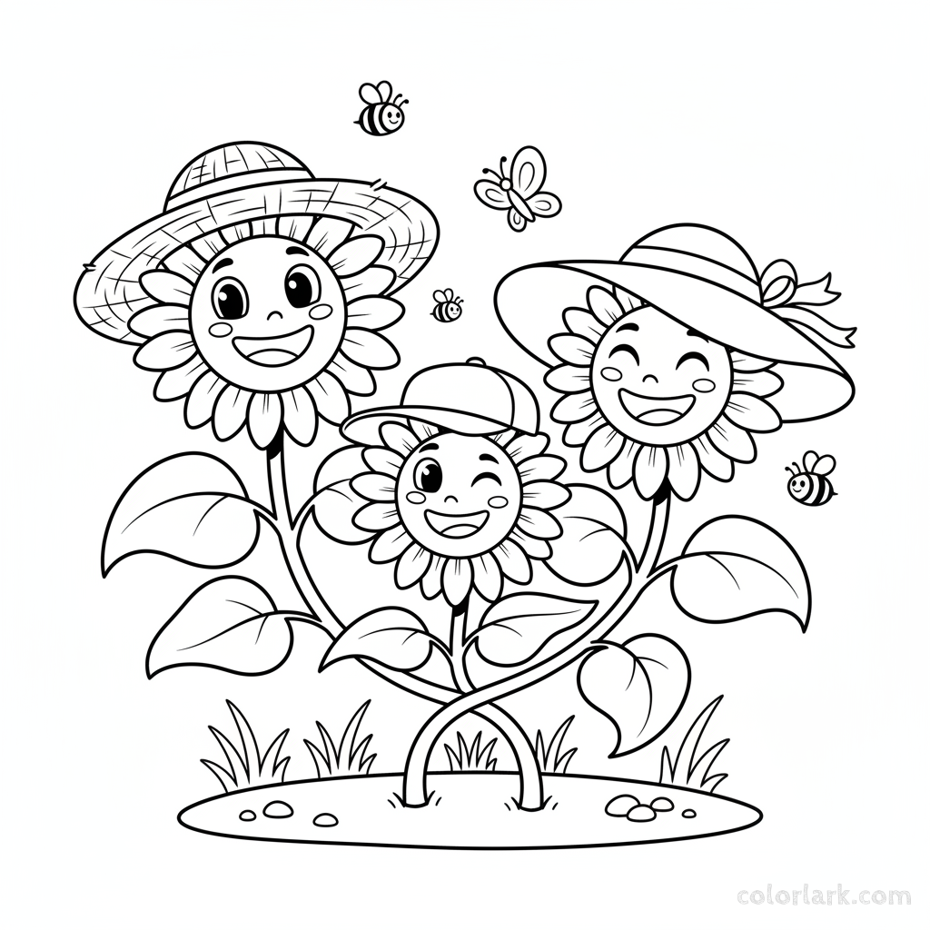 Black and white line art of three cartoon sunflowers with faces and wearing hats