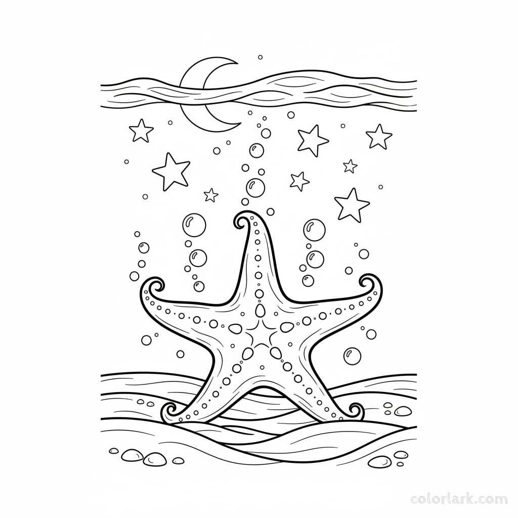 Black and white line art of a starfish on the seabed, with the moon and stars visible through the water surface above.