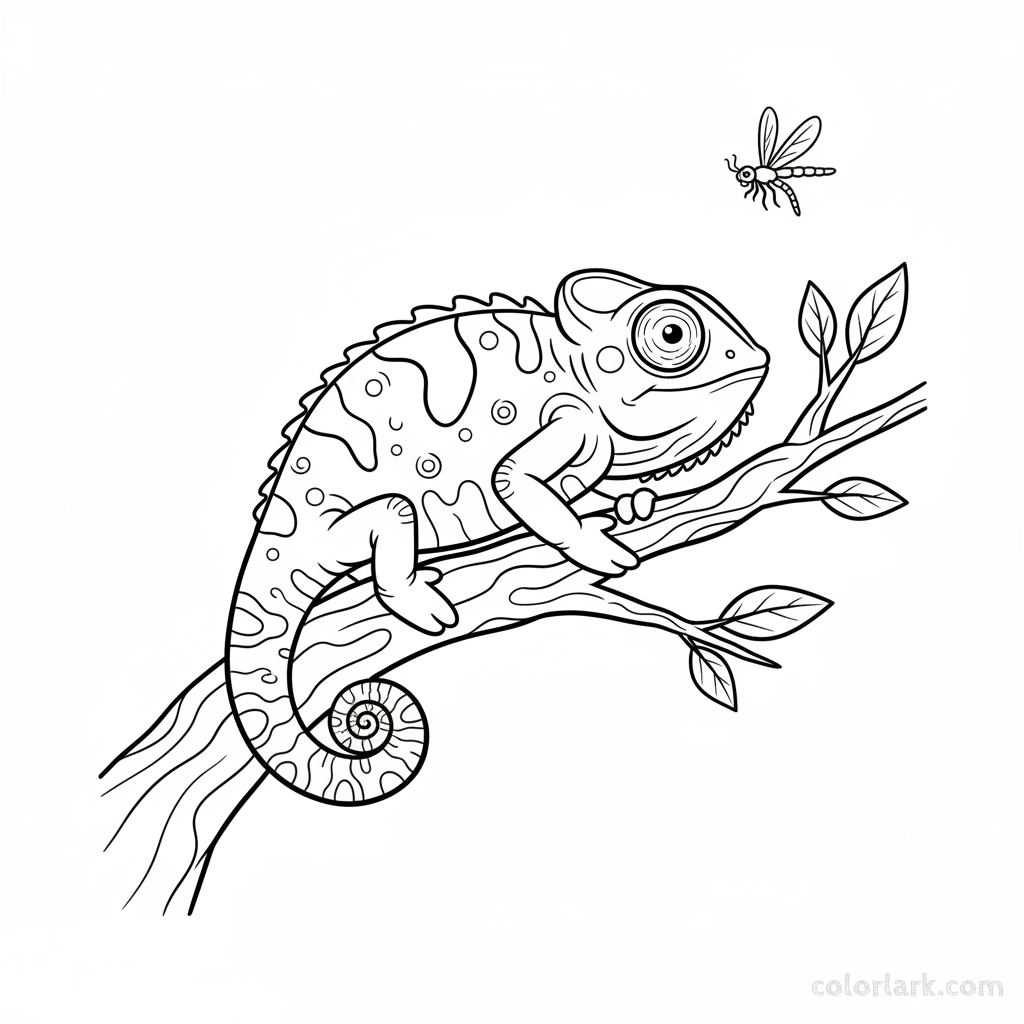 Black and white line art of an Indian chameleon with one eye looking up and the other looking down.