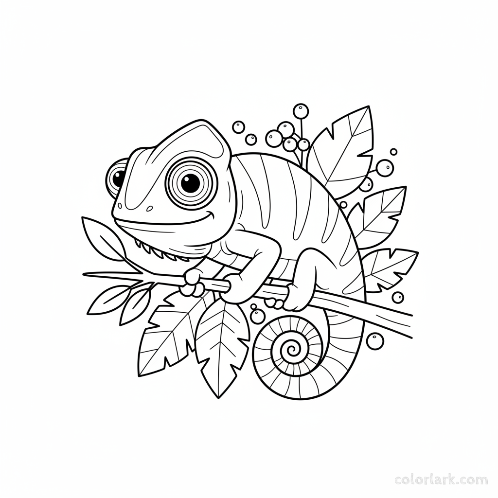 Black and white line art of an Indian chameleon with its curly tail wrapped around a small branch.