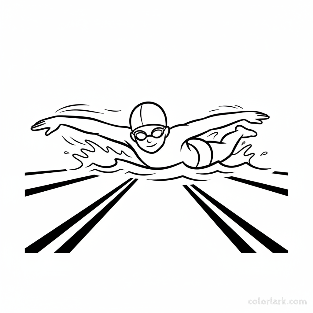 Black and white line art of a child demonstrating champion freestyle swimming technique in a pool, wearing a swim cap and goggles.