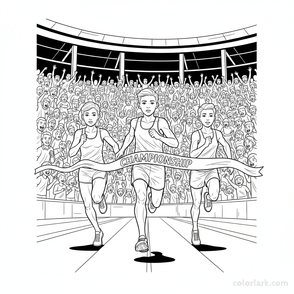 Line art of kids in a championship sprint race to a finish line with a massive cheering crowd