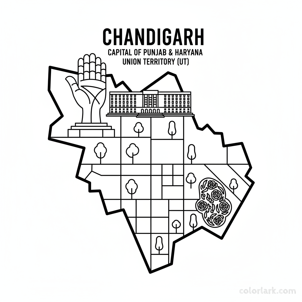 Line art coloring map of Chandigarh Union Territory, featuring the Capitol Complex architecture.