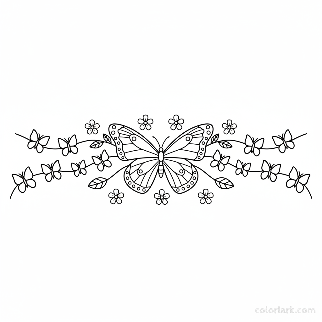 Black and white line art of a charming butterfly Rakhi with delicate wings and floral accents for nature lovers to color.