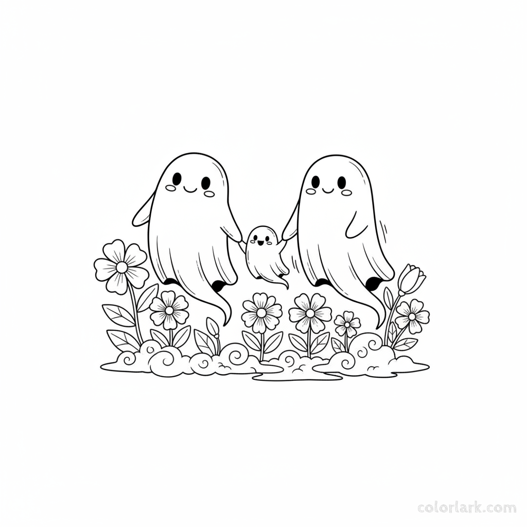 Black and white line art of a charming ghost family taking a gentle stroll through a foggy garden, Halloween coloring page.