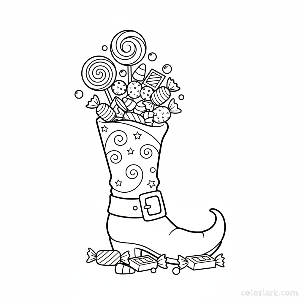 Black and white line art of a charming witch's boot overflowing with Halloween candy and treats, coloring page.