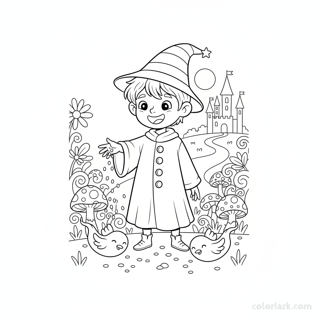Black and white line art of a charming wizard boy feeding friendly ghost birds, Halloween coloring page.