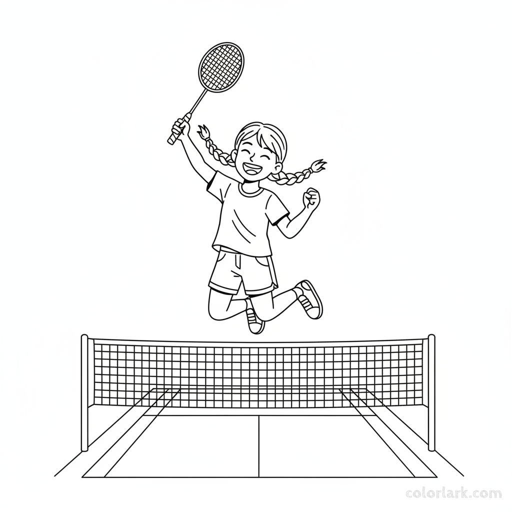 Line art of a cheerful young girl jumping for joy, raising her racket after winning a badminton game.