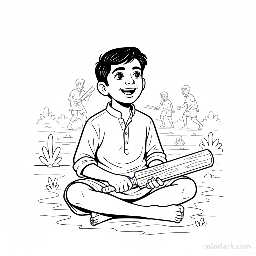 Cheerful Indian boy sitting on village ground, holding a cricket bat, patiently waiting for his turn to bat.