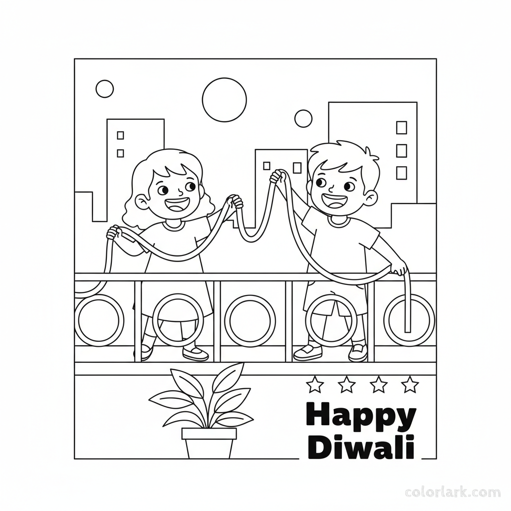 Cheerful children actively arranging decorative string lights on a balcony for Diwali night, smiling and enthusiastic, line art