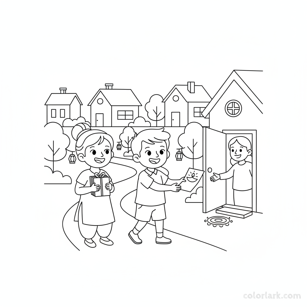 Cheerful children delivering handmade Diwali greeting cards to neighbors, spreading joy and community spirit, line art