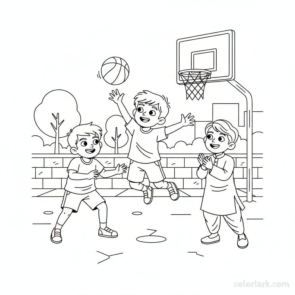 Line art of cheerful Indian kids playing outdoor basketball, one jumping for a rebound, with a friend cheering.