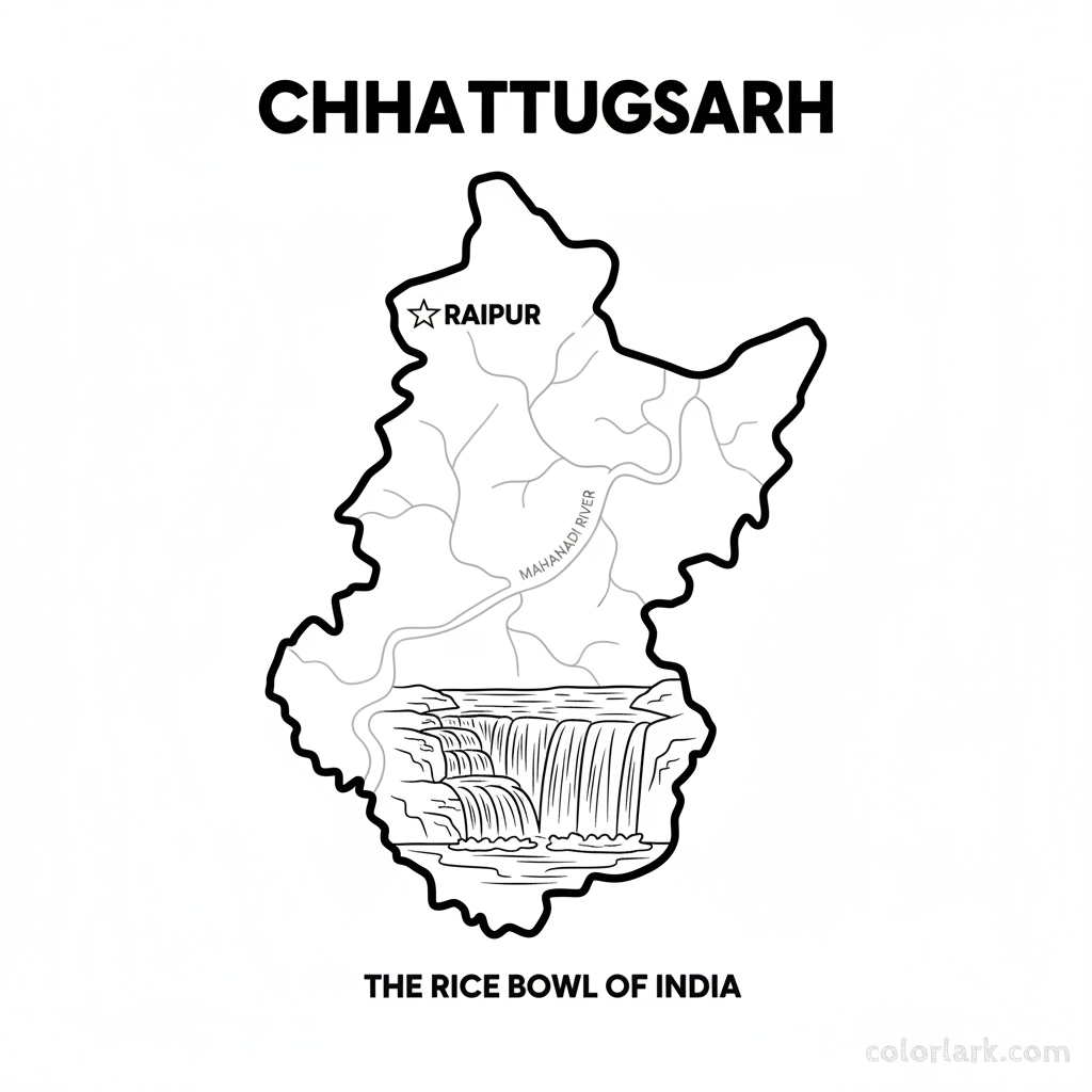 Line art coloring map of Chhattisgarh state, featuring the Chitrakote Falls and the capital city of Raipur.