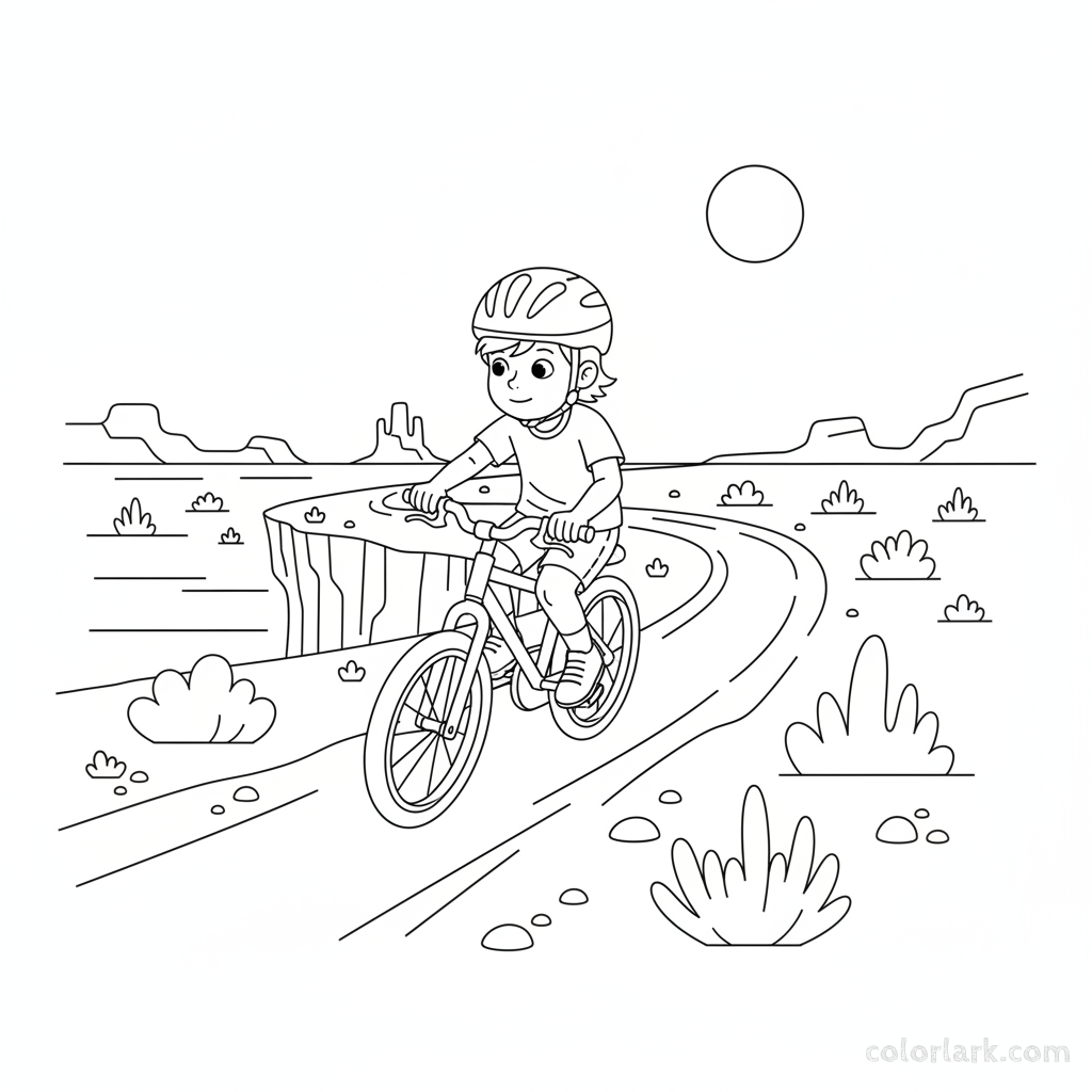 Black and white line art coloring page of a child with a helmet, riding a bicycle on a winding desert mesa trail.
