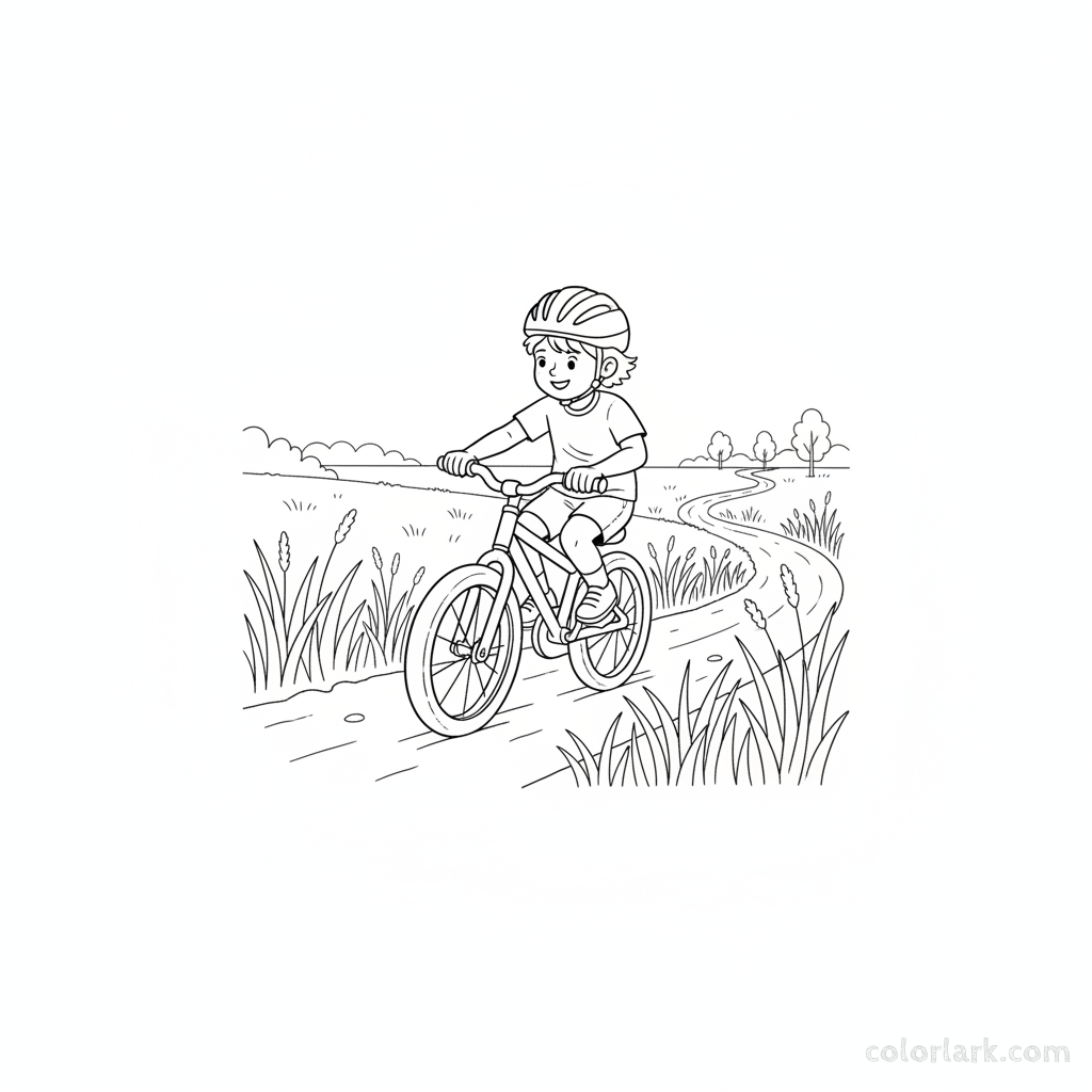 Black and white line art coloring page of a child with a helmet, riding a bicycle on a winding grassland trail.