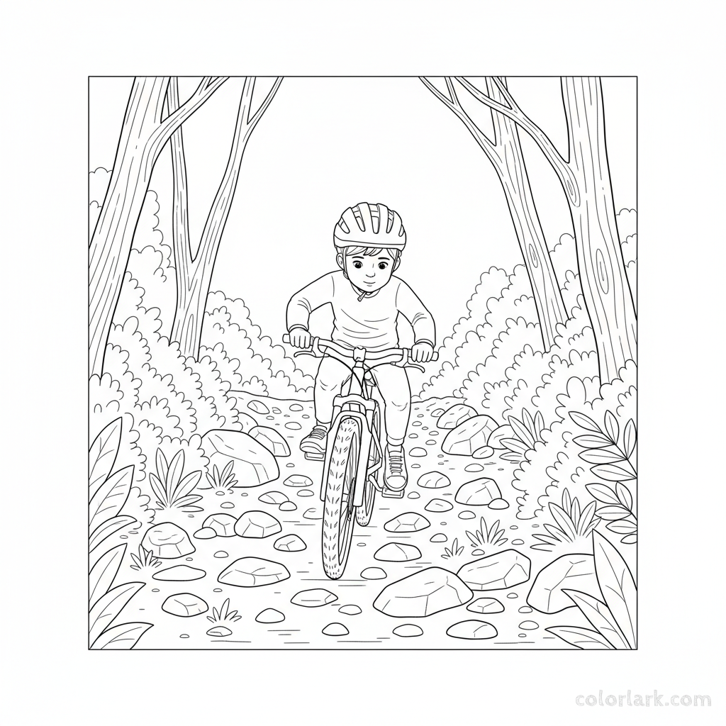 Black and white line art coloring page of a child with a helmet, riding a bicycle on a rocky nature trail.