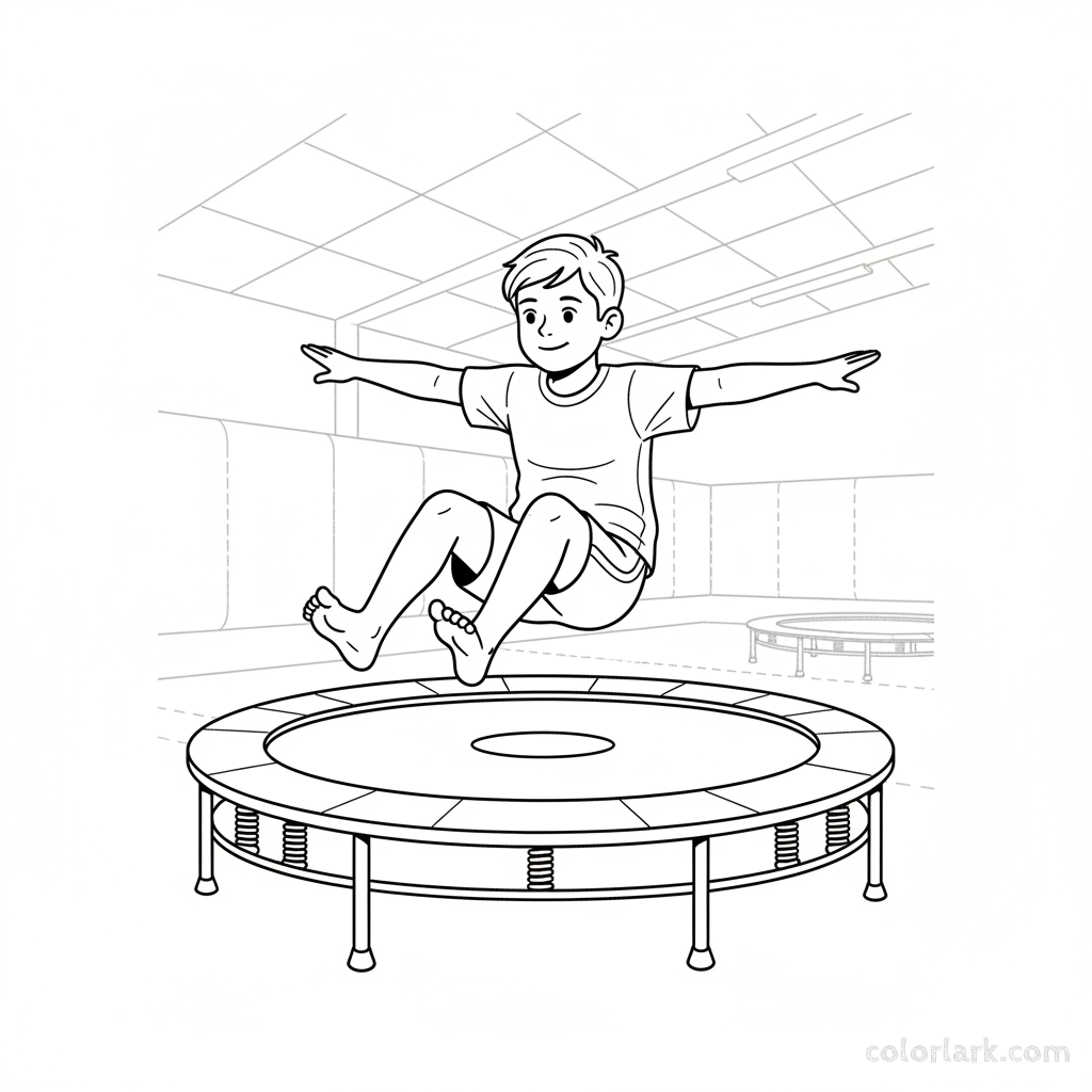 Black and white line art illustration of a child performing a simple seat drop move on a trampoline in a kids fitness center.