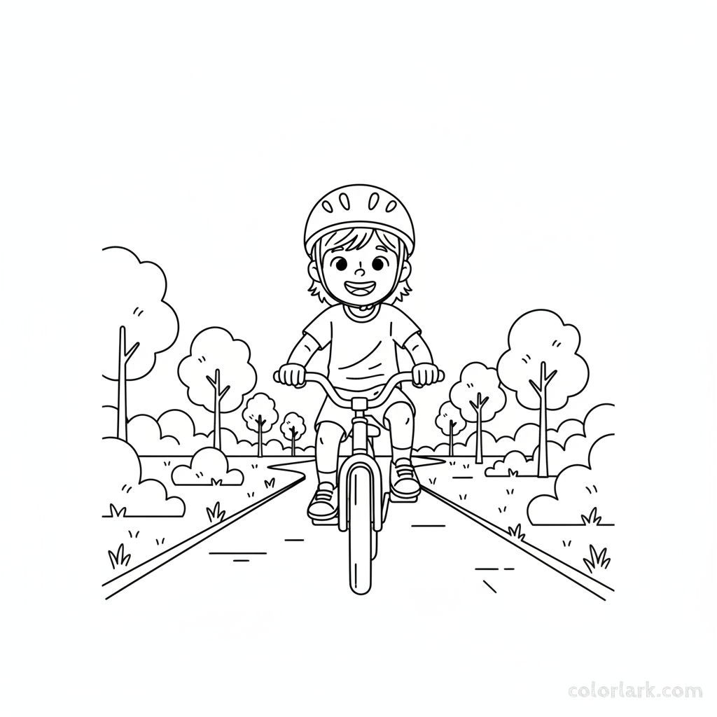 Black and white line art coloring page of a child with a helmet, riding a bicycle on a flat greenway path.