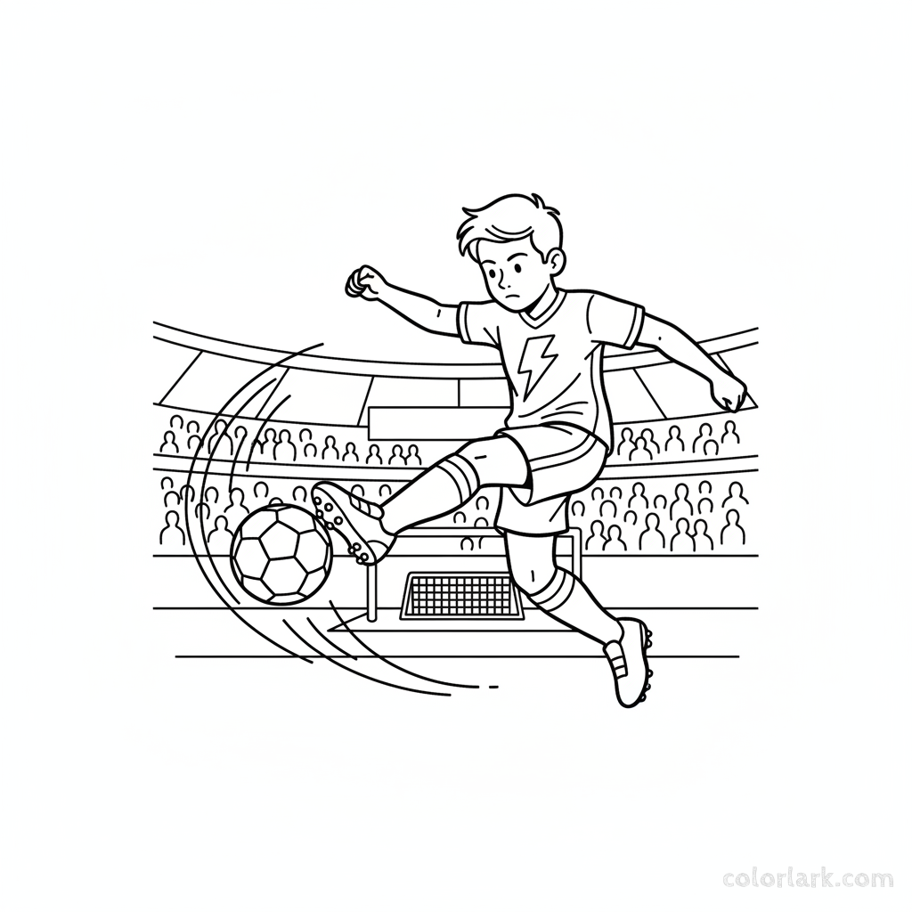 Line art of a child footballer kicking with athletic power.