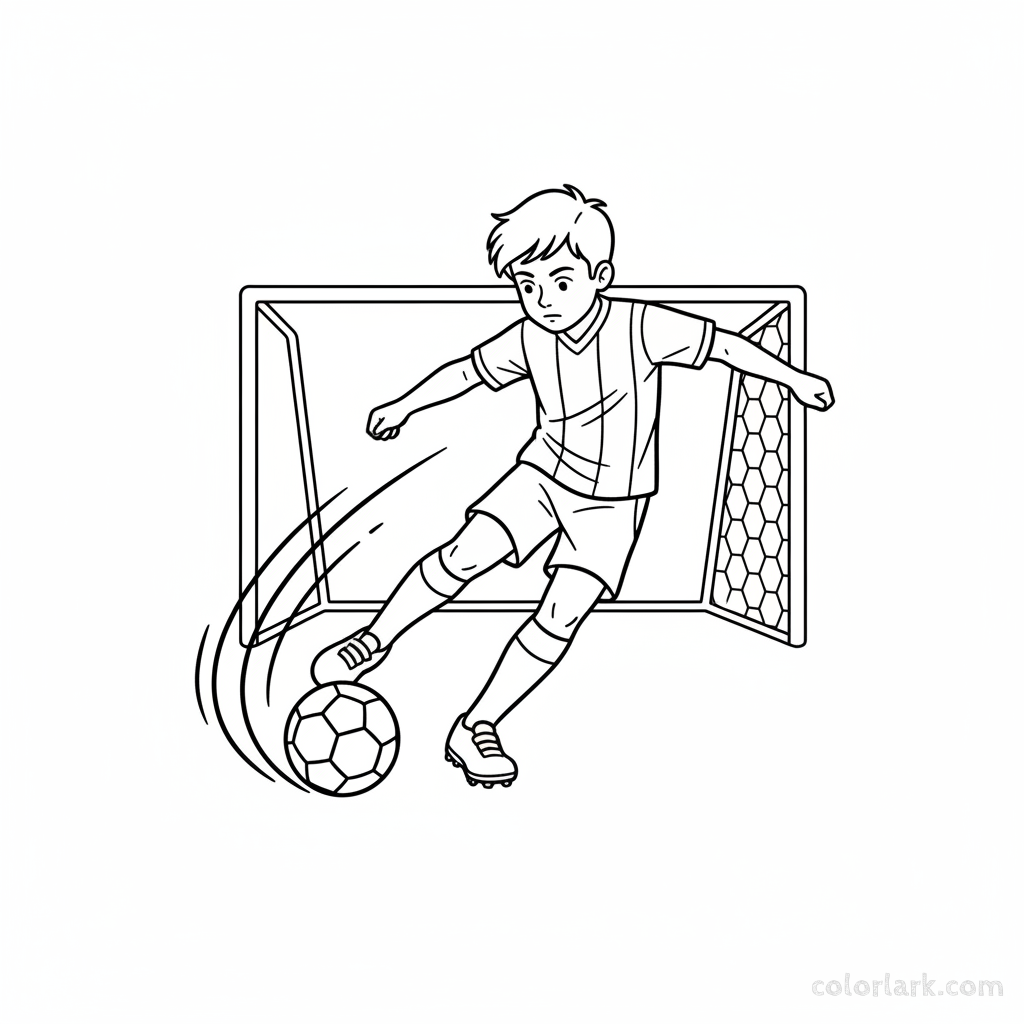 Line art of a child footballer kicking with precision and power.