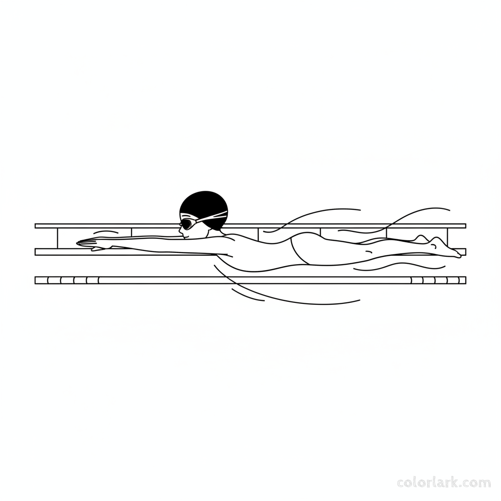 Black and white line art of a child freestyle swimmer with a streamlined body position in a pool, wearing a swim cap and goggles.
