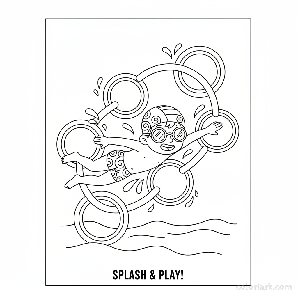 Black and white line art of a child swimming freestyle through pool rings, wearing a swim cap and goggles.