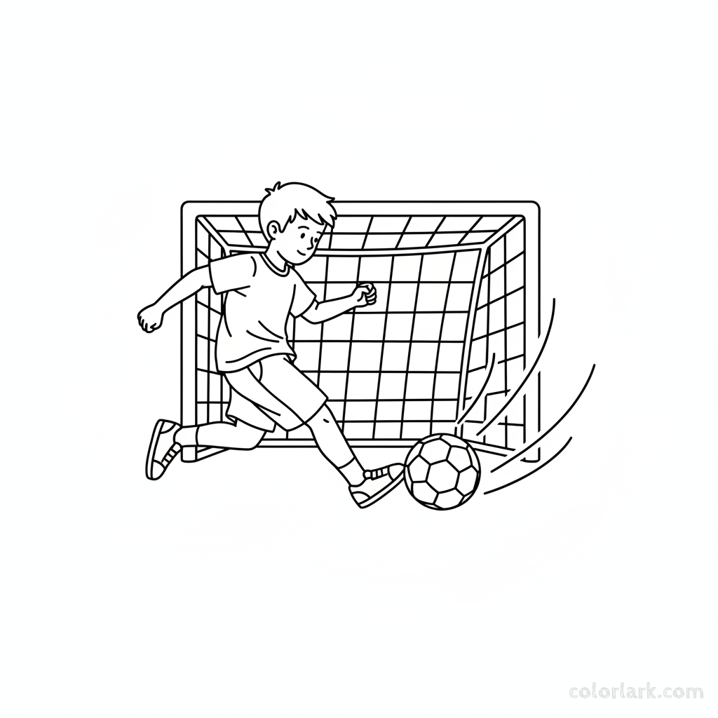 Line art of a child kicking a football directly towards a goal.