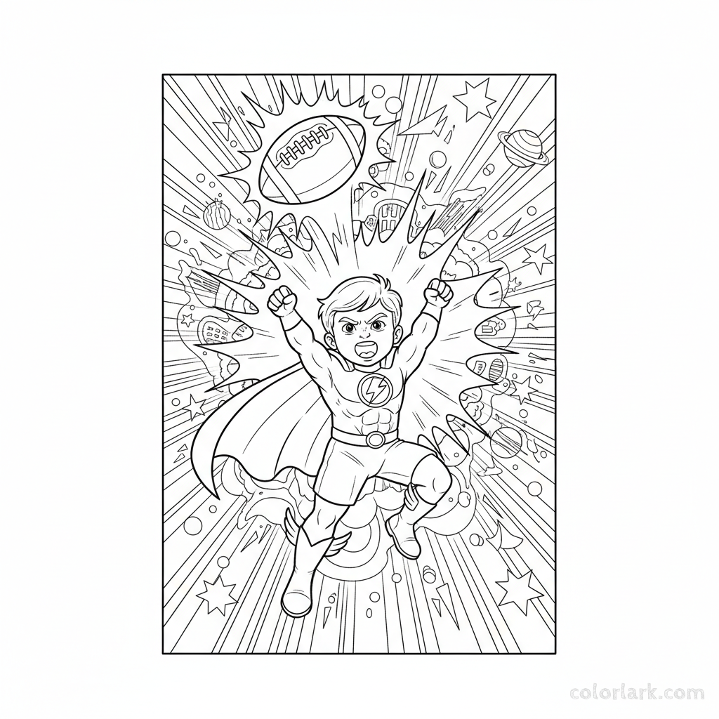 Line art of a child kicking a football with epic power.