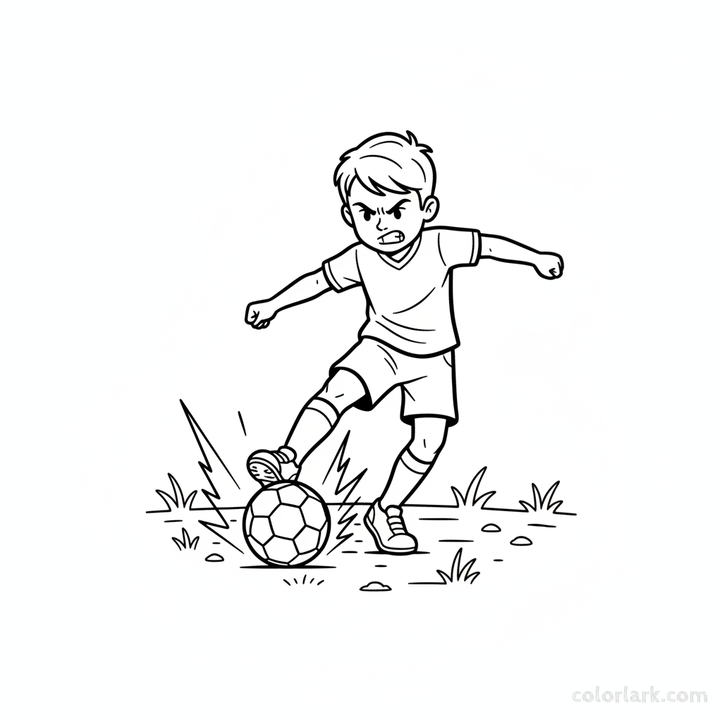 Line art of a child kicking a football with fierce determination.