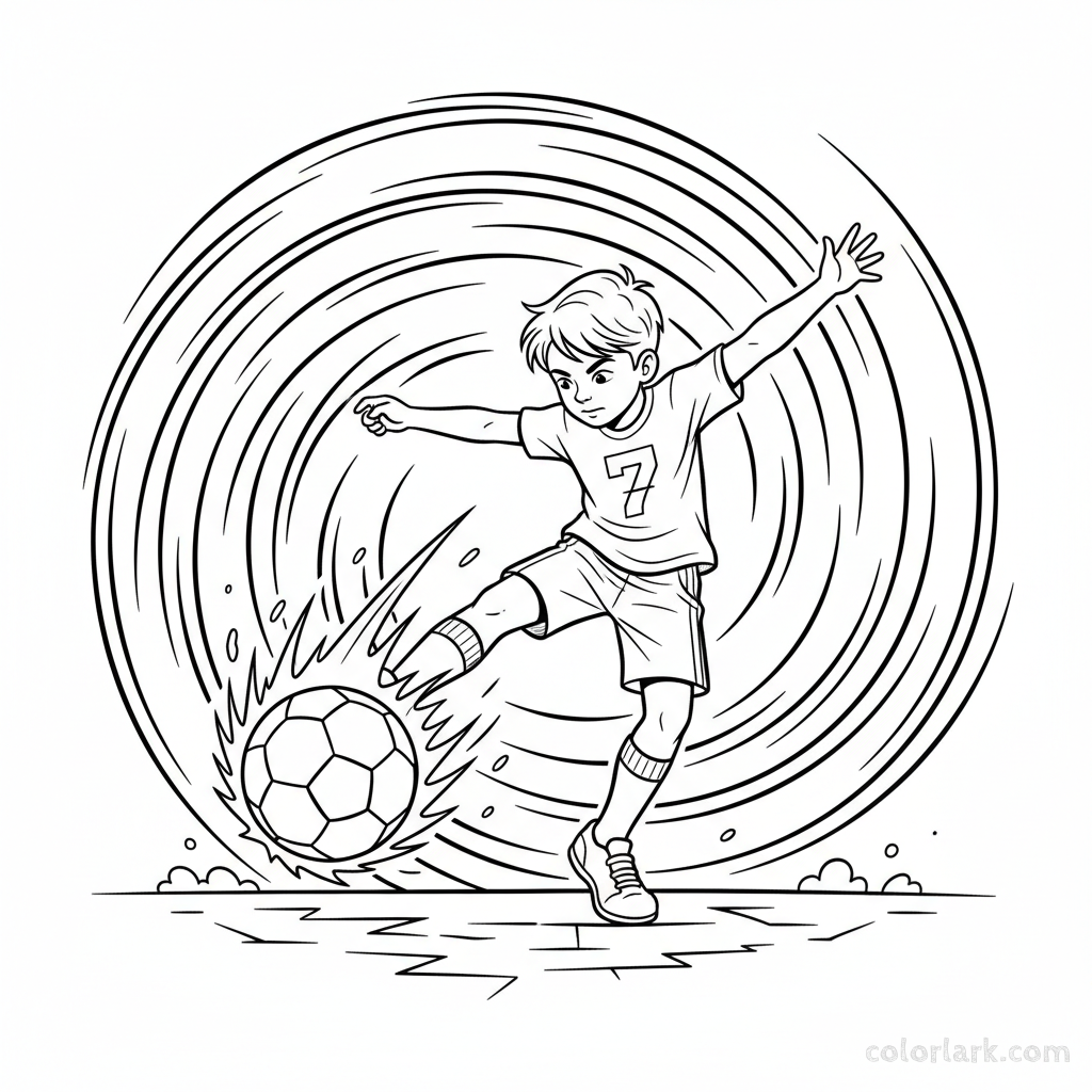 Line art of a child kicking a football with maximum power.