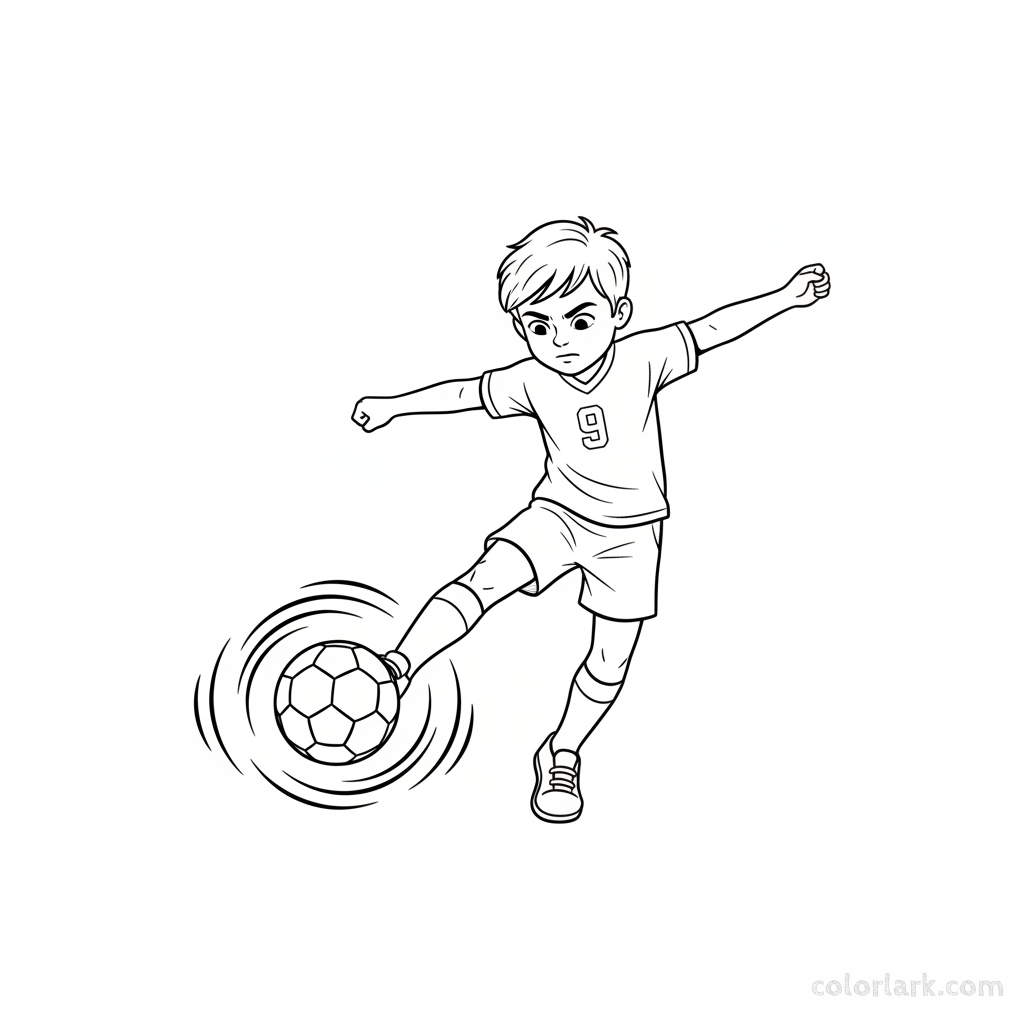Line art of a child kicking a football with pure power.