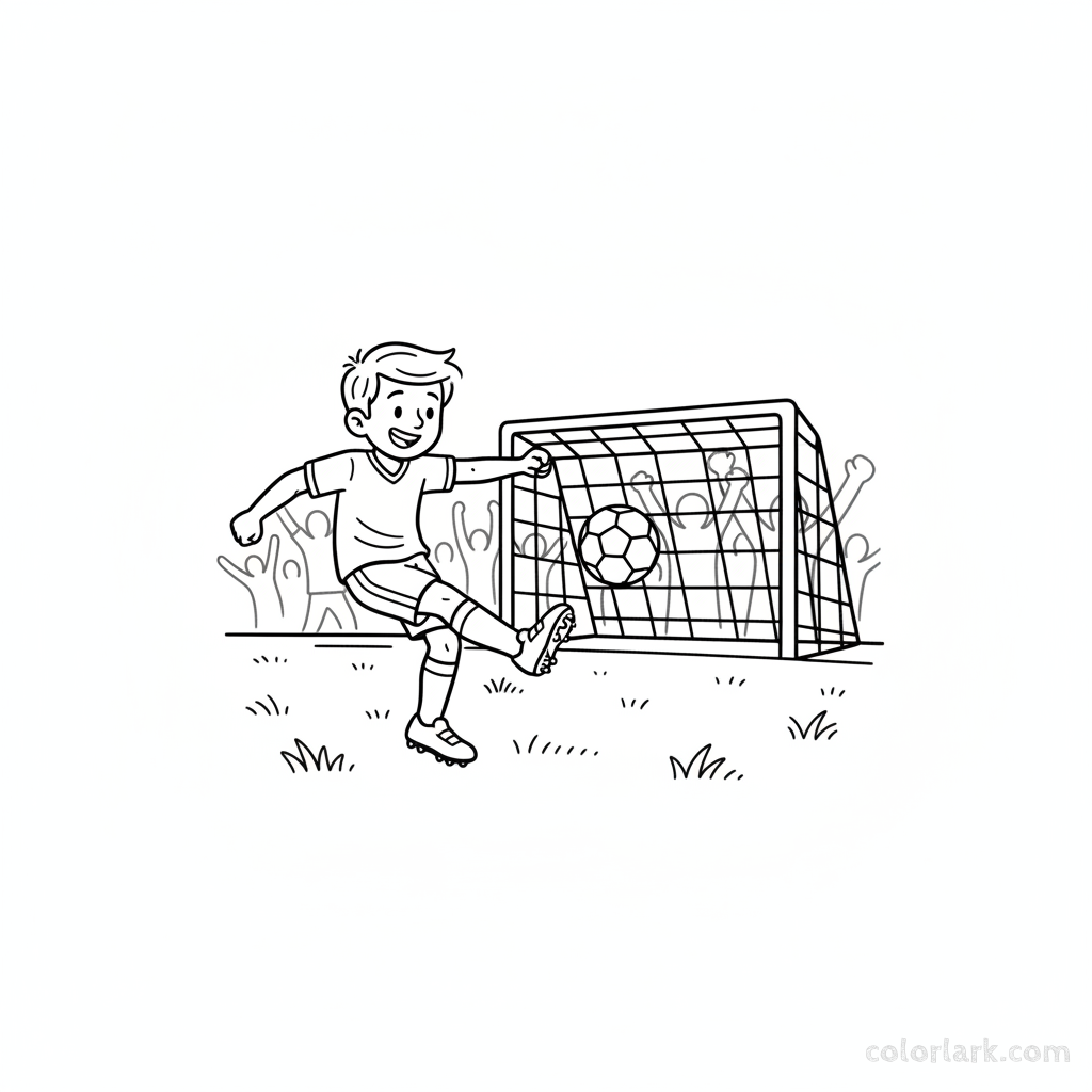 Line art of a child kicking a game-winning football shot.