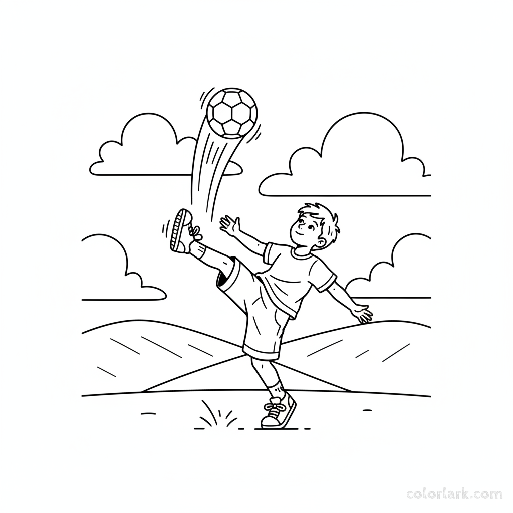 Line art of a child kicking a high-flying football.