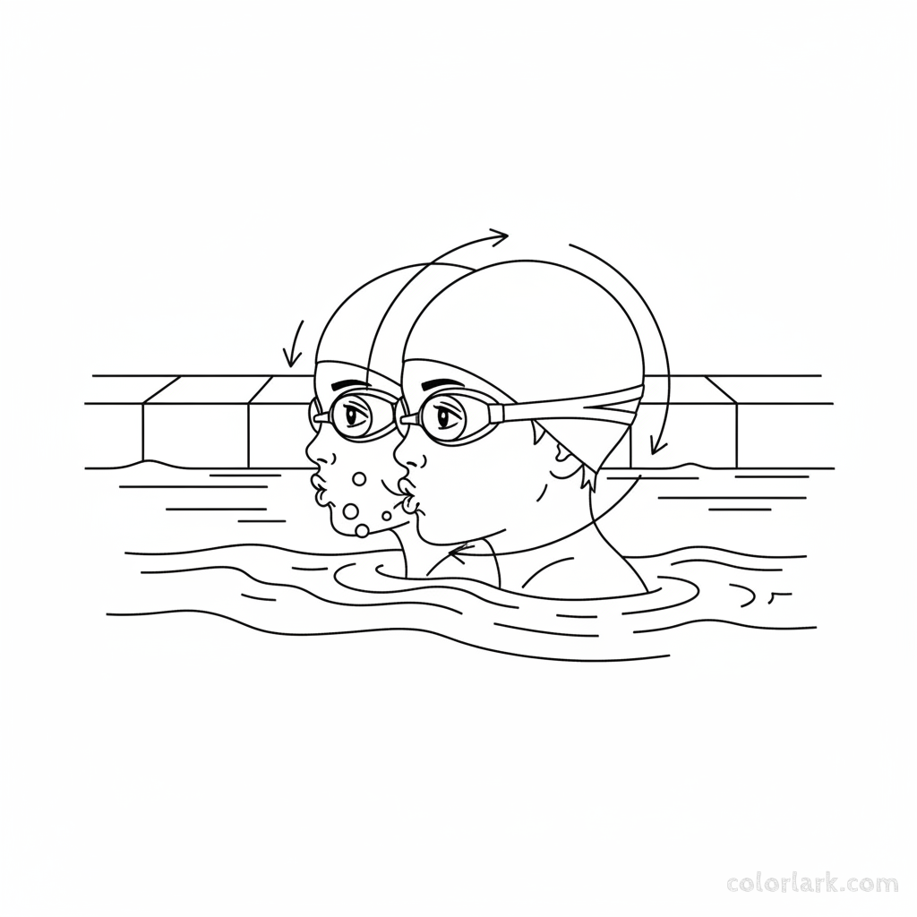 Black and white line art of a child learning freestyle breathing rhythm in a pool, wearing a swim cap and goggles.