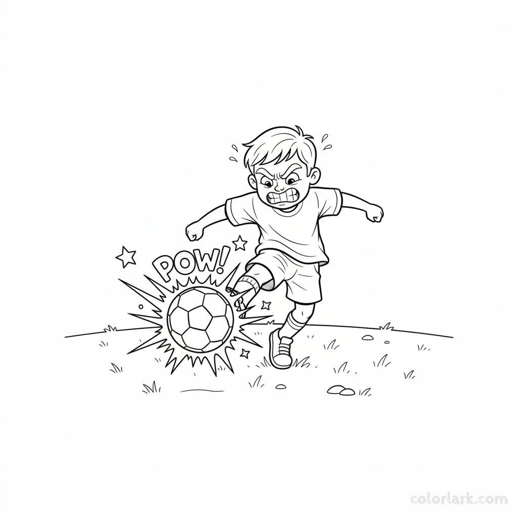 Line art of a child making a super strong soccer kick.