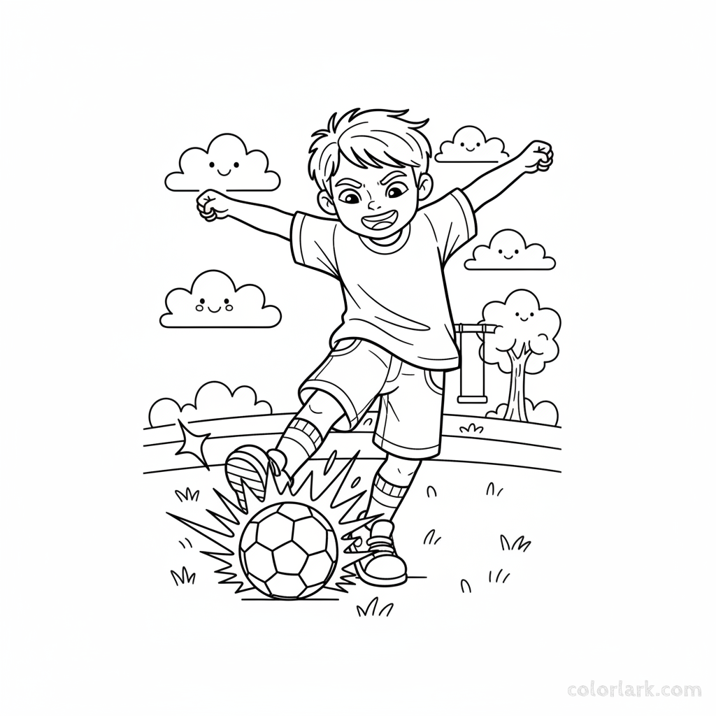 Line art of a child making a fantastic football power kick.