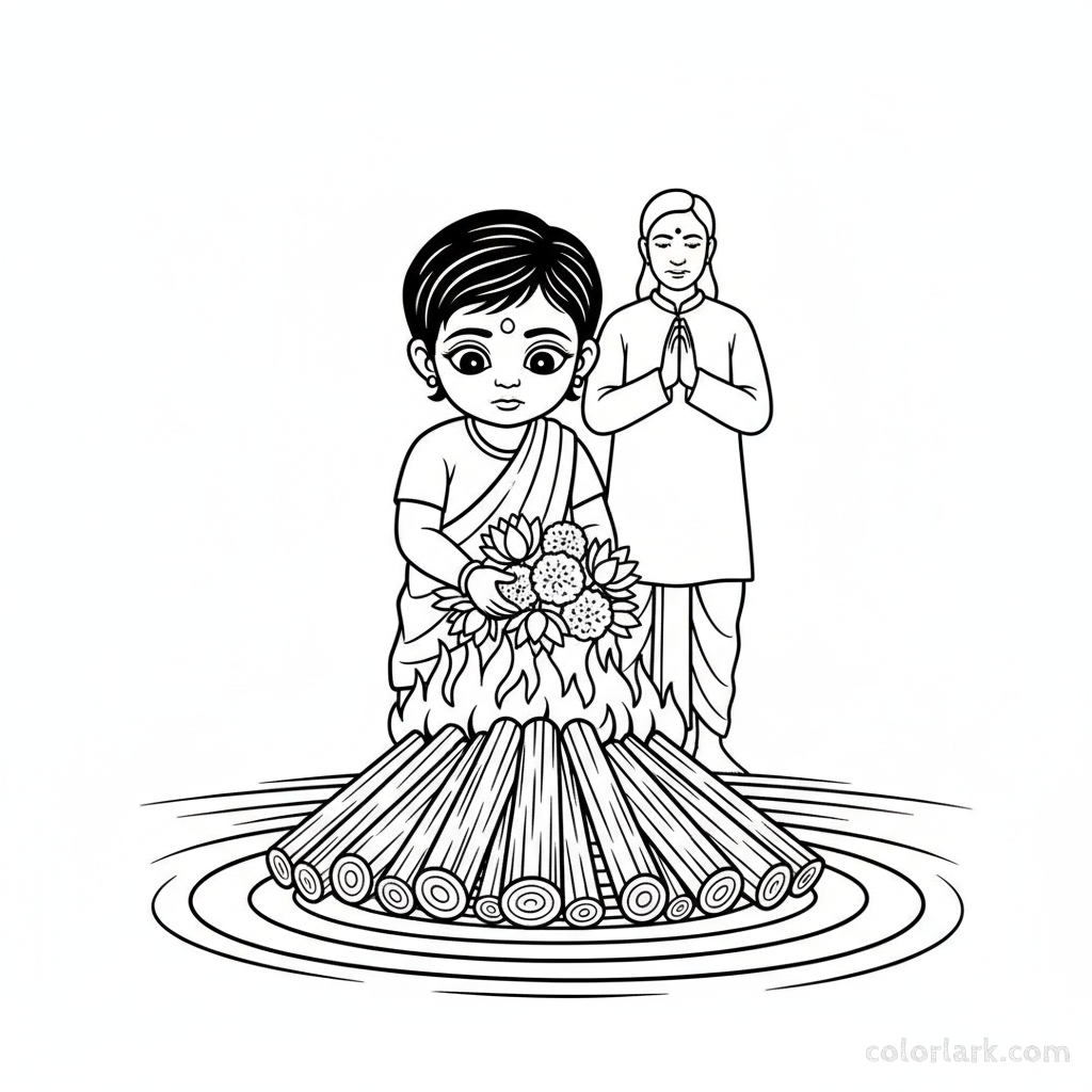 Child offering flowers to Holika Dahan bonfire coloring page for Holi.