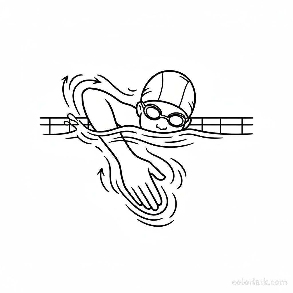 Black and white line art of a child performing the freestyle 'catch' phase in a pool, with cap and goggles visible.