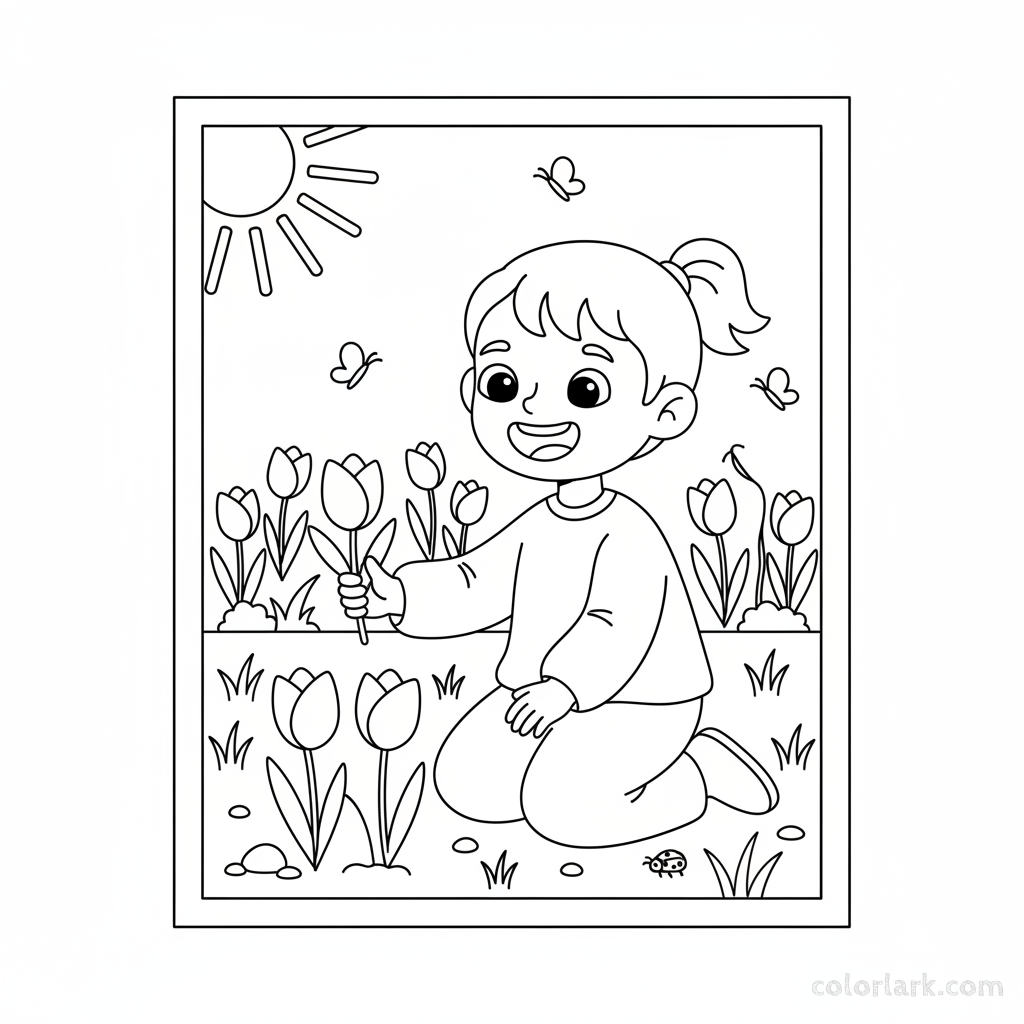 Line art illustration of a child picking tulips in a spring meadow
