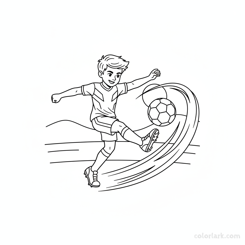 Line art of a child player showing off a powerhouse kick.