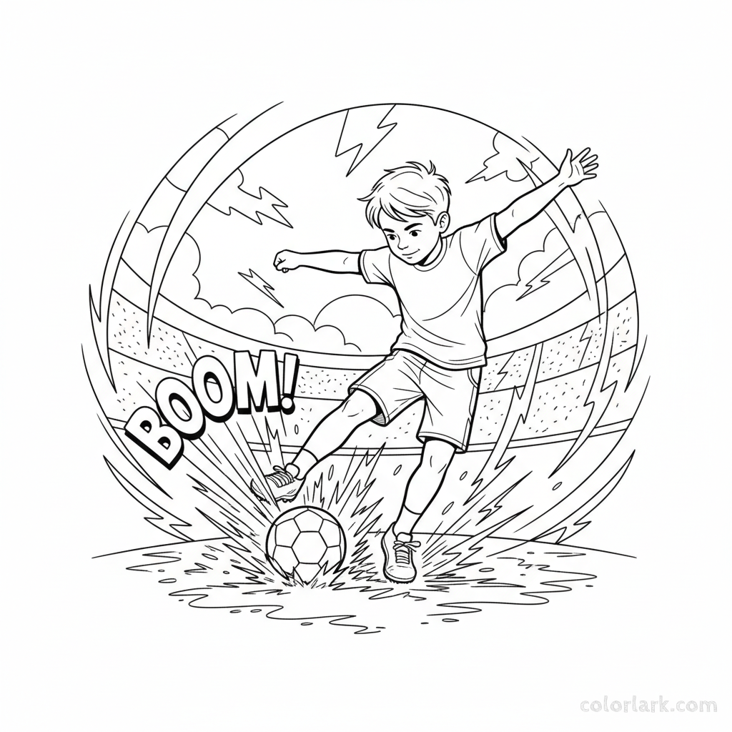 Line art of a child player unleashing a thunderous football kick.