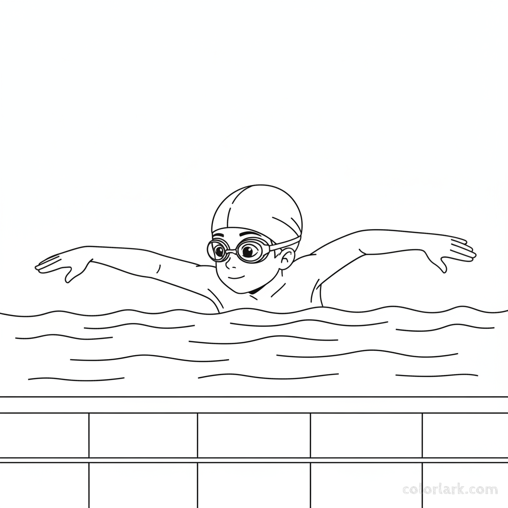 Black and white line art of a child practicing freestyle bilateral breathing in a pool, wearing a swim cap and goggles.