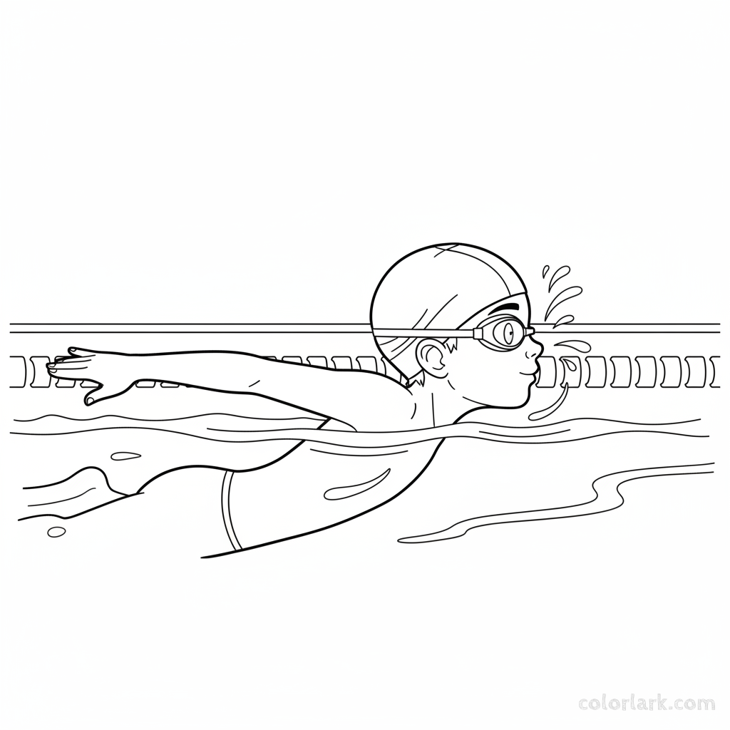 Black and white line art of a child practicing freestyle breathing technique in a pool, wearing a swim cap and goggles.